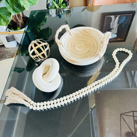 NEW POTTERY BARN White Cream Tan Wood Decor Low Bowl Knot Beads Chain Sphere - Picture 14 of 16